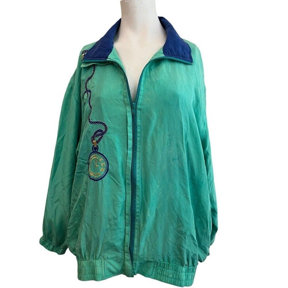 Ladies Large Silk Windbreaker Full Zip Jacket Embroidered Clock Vtg Bill Blass